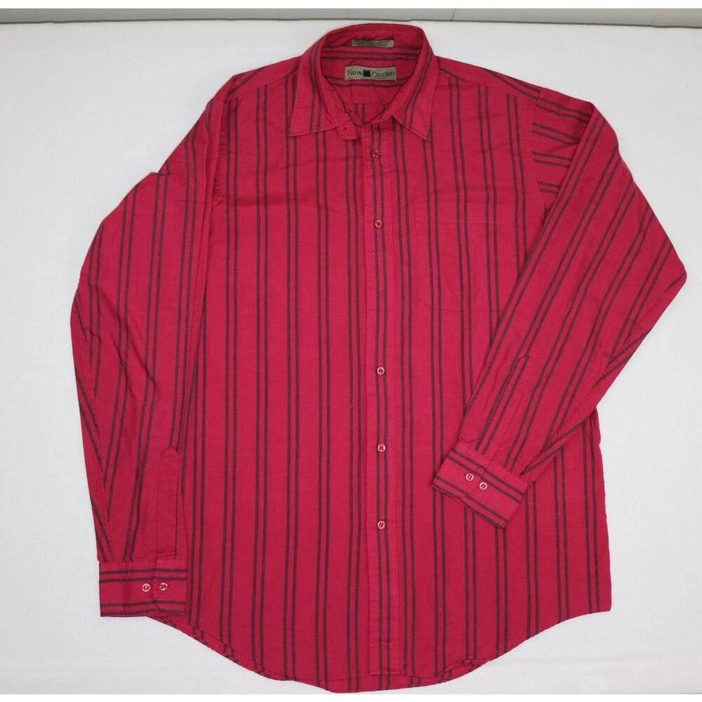New Castle Men's Red Black Striped Long Sleeve Casual Button Down Shirt Size L